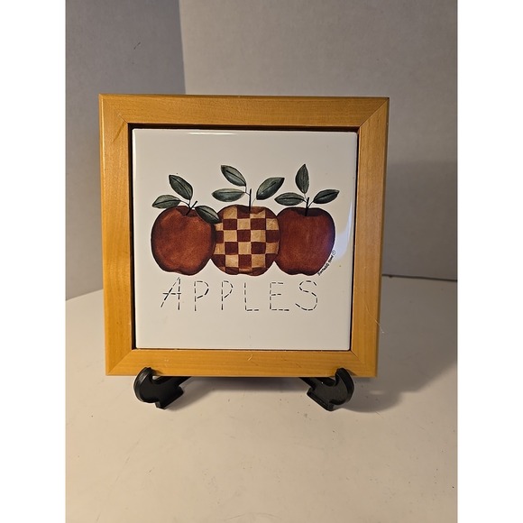 KitchenAid Other - Vintage Apples Wood Trimmed Ceramic Trivet Kitchen Decor Country Hotpad Checker